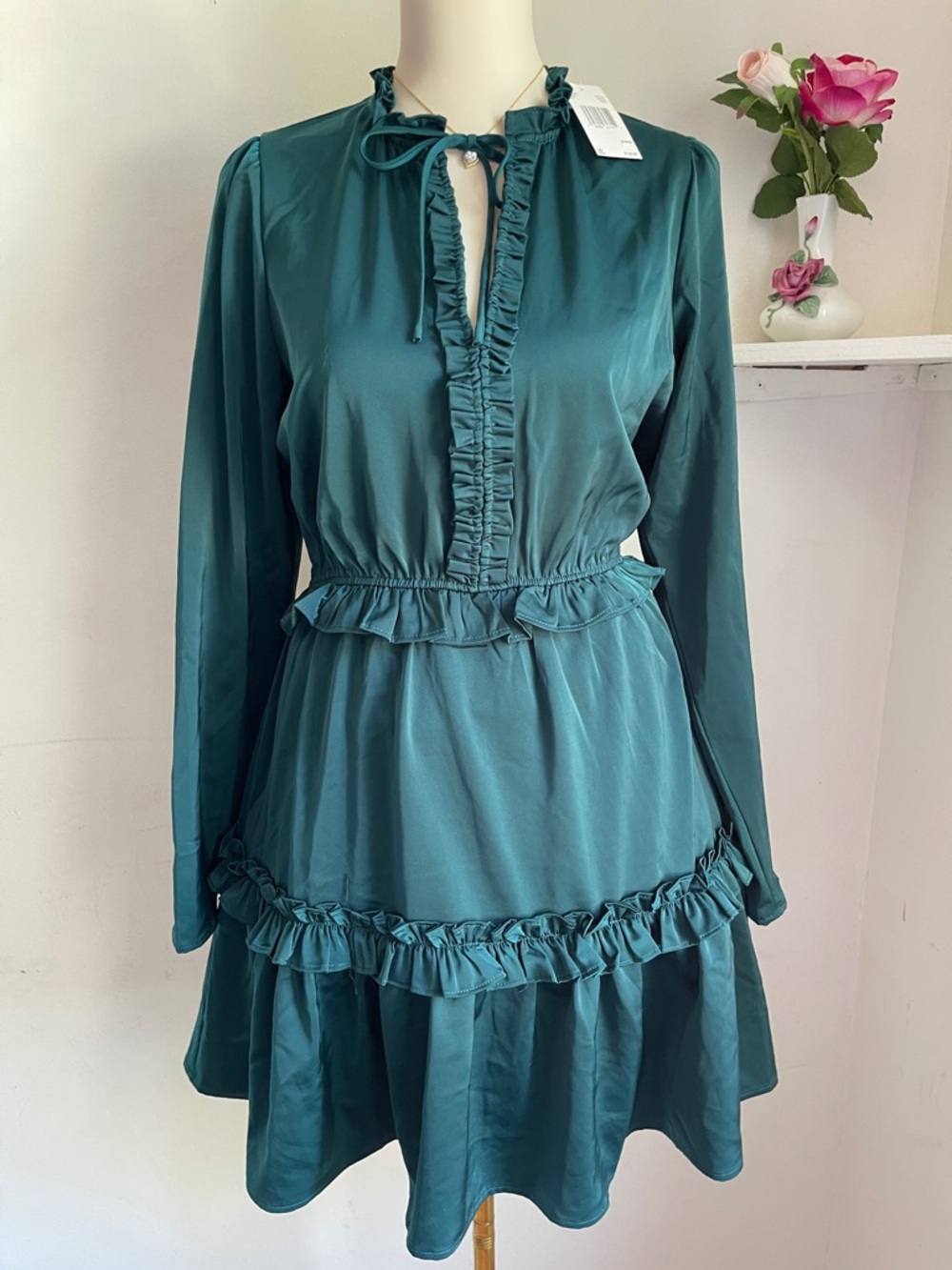 Women’s Teal Ruffled Long-Sleeve Dress